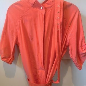 Coral dress with flattering sleeves and belt